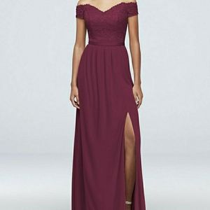 Off-the-Shoulder Lace and Mesh Bridesmaid Dress